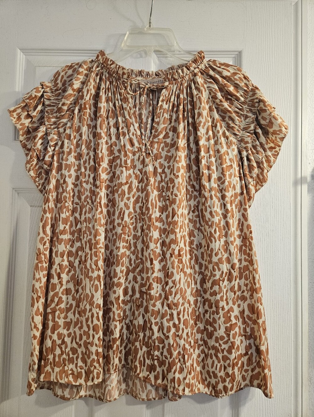 Animal Print Philosophy Tie-Neck Blouse With Ruffle Sleeves